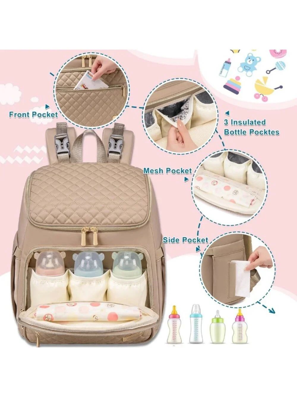 Large Diaper Bag Backpack with Changing Pad, Insulated Pockets & Stroller Straps